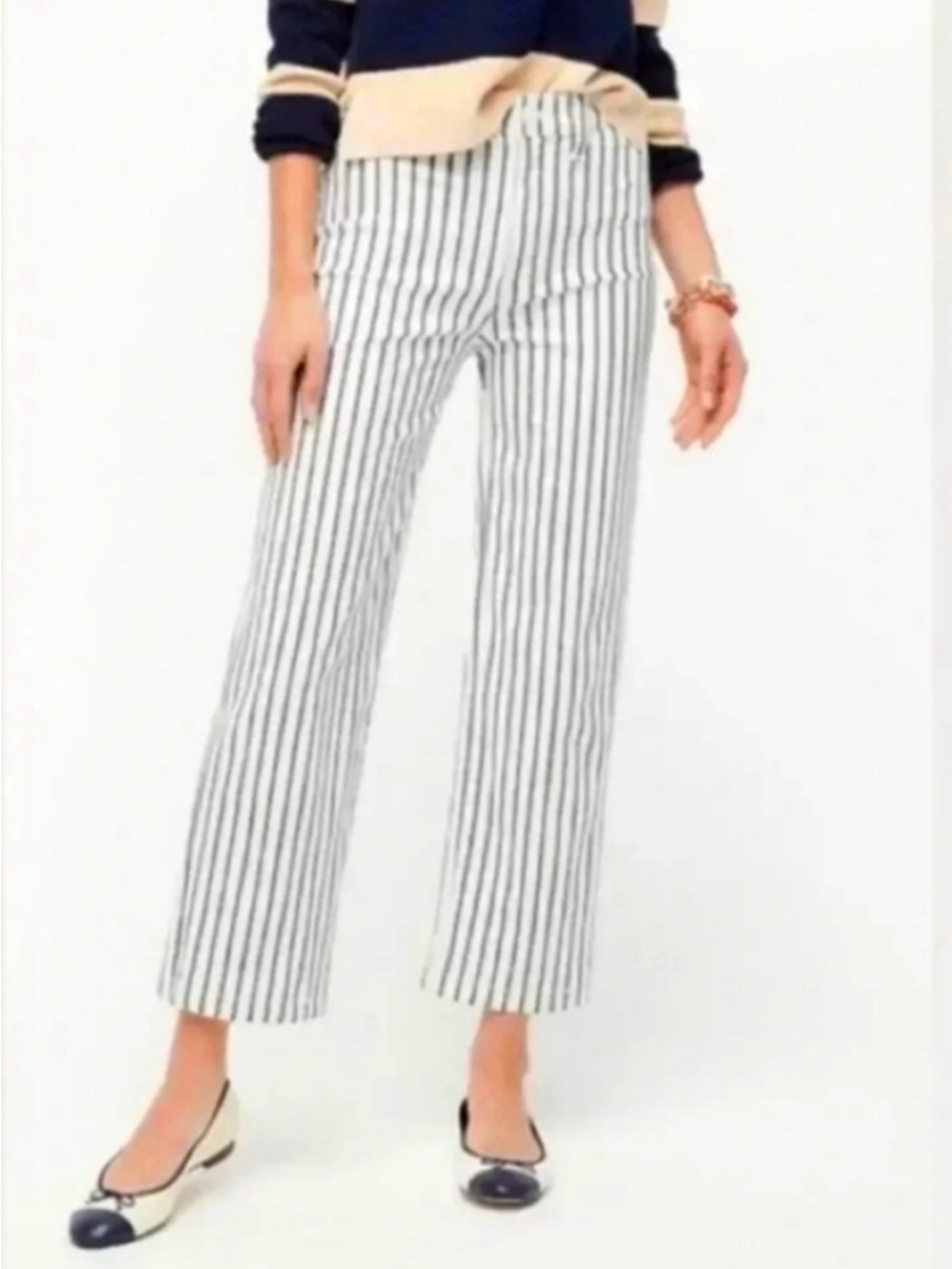 J. Crew ivory with Navy Pinstripes big back pockets slim straight ankle jeans